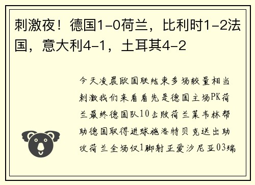 刺激夜！德国1-0荷兰，比利时1-2法国，意大利4-1，土耳其4-2